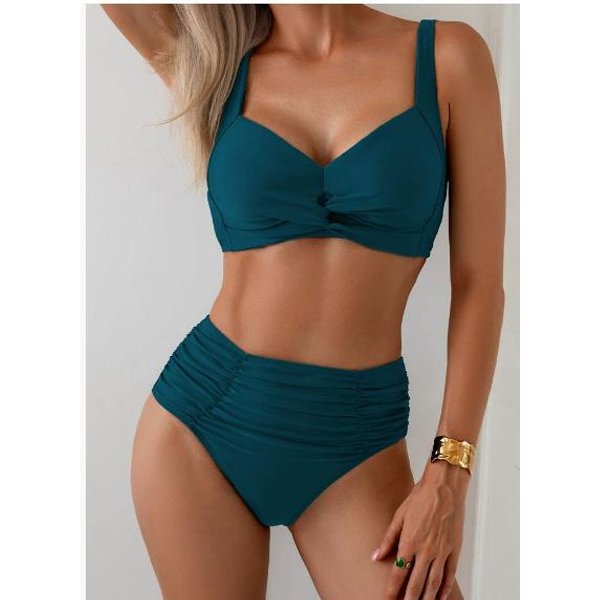 StróJ KąPielowy Dla Kobiet DwuczęśCiowy StróJ KąPielowy Seksowny DwuczęśCiowy Bikini Z Wysokim Stanem StróJ KąPielowy Xl Peacock Niebieski Kolor-image