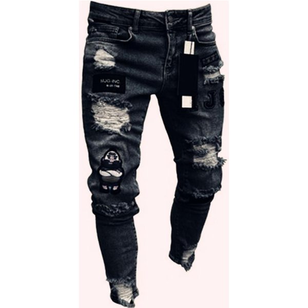 Europejskie I AmerykańSkie MęSkie Podarte Jeansy Skinny Z Naszywkami XXL Black-image