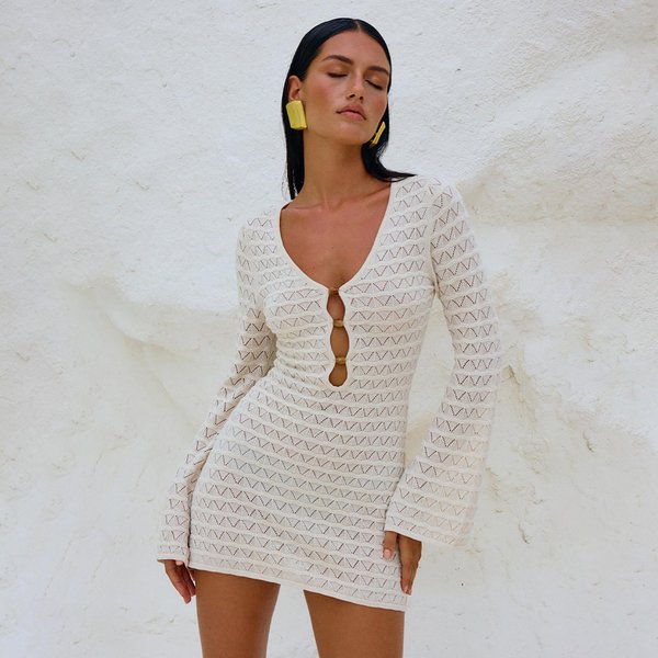 Falda De Playa Mujer Color SóLido Sexy Tejido Punto Bikini De Playa Traje De BañO Vestido Con Capucha L Gray-image