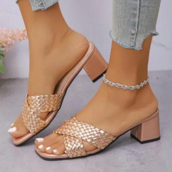 Damskie Buty Odkryte Palce Damskie Kapcie Modne Kapcie Do Sukienki Damskie Kwadratowe Palce Splot Masywne Obcasy Plus Size Damskie SandałY 39 Brown-image