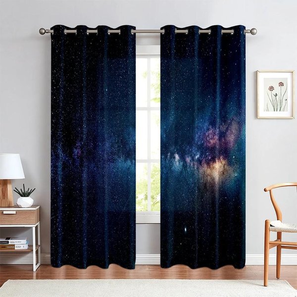 Cortinas Galaxia CóSmica Morada Planeta Espacial Estampado Ventana De Estrellas Para Sala De Estar HabitacióN Infantil Cocina Estudio DecoracióN Del Hogar Nuevo (W50H130Cm)-2Pcs&Rod Pocket-image