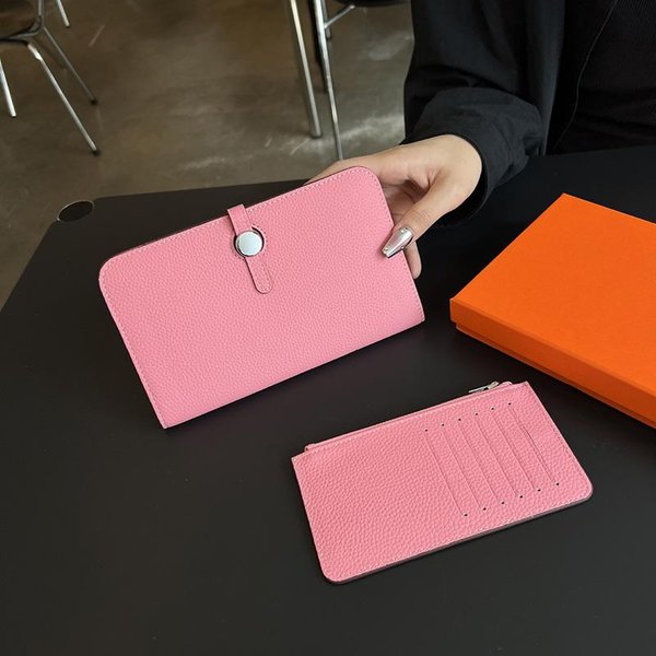 Prawdziwe SkóRzane Portfele Damskie Pierwsza Warstwa SkóRy BydlęCej KopertóWka O DużEj PojemnośCi DłUgi Portfel Z Portmonetką Na Monety Telefon Klamra KopertóWki Silver Pink-image