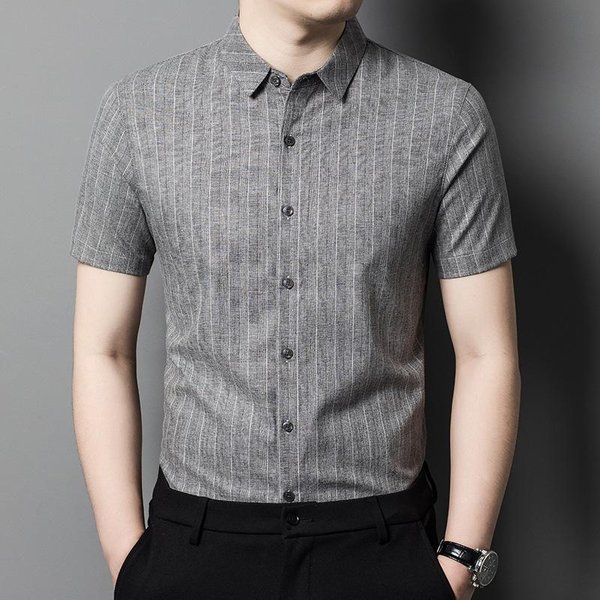 Camisa Simple De Lino De Manga Corta Para Hombre Verano Nuevo Producto Mediana Edad Negocios Casual Rayada Fina Camisa Polo Camisa De Hombre 3XL-image