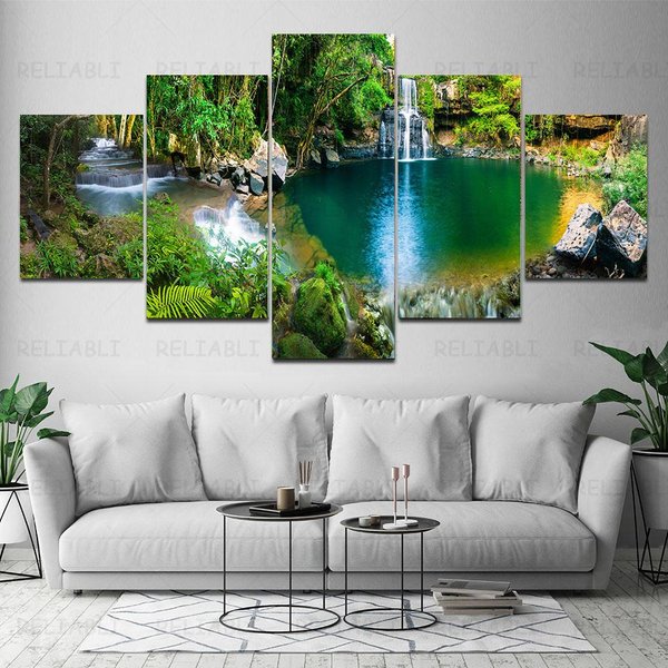 5 Paneli Krajobraz Naturalny Wodospad PłóTno Malarstwo Zielone Drzewo Jezioro Plakaty I Druki Obrazy Na śCianę Home Decor Bez Ramki! 40X60Cm*2 40X80Cm*2 40X100Cm*1-image