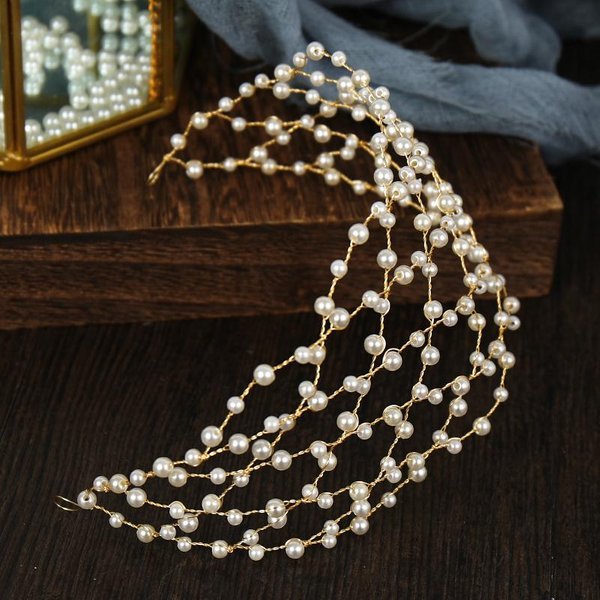 Nuevo Vintage Novia Hecho A Mano Diadema De Perlas Doradas Tocado De Flores Tiara Para Novias NiñAs Accesorios Para El Cabello De Boda JoyeríA Para El Cabello De Mujeres-image