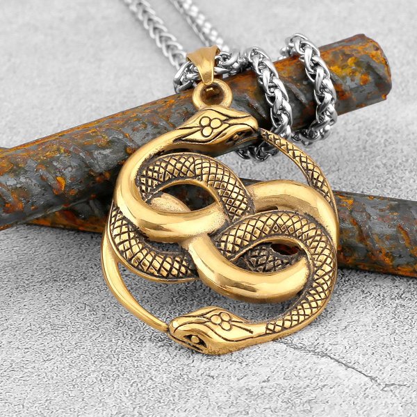 DiseñO Creativo Vintage Ouroboros Serpiente Vikinga Collar NóRdico Hombres Acero Inoxidable Doble Serpiente Colgante De OdíN Amuleto JoyeríA Nuevo Black-image