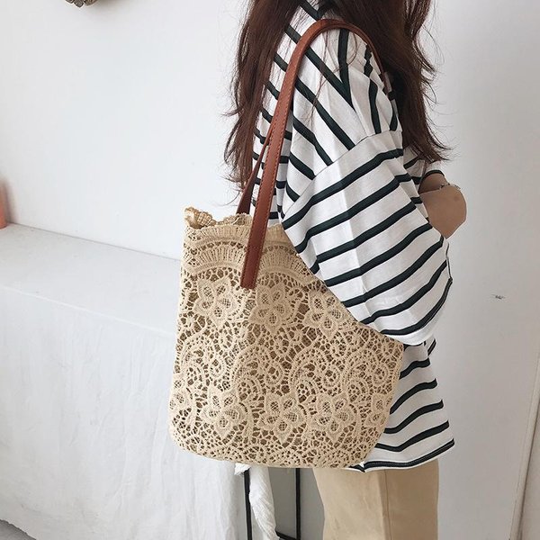Bolsos Tejidos De Encaje Coreano De Verano, Bolsos De Hombro ÚNico De Gran Capacidad Para Mujer, Bolsos Tote, Bolsos De Playa MarróN-image