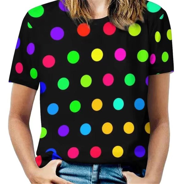 Letni Top Z OkrąGłYm Dekoltem, Z Nadrukiem 3D W DużE Kolorowe Kropki, Modny, Casualowy, Damski T-Shirt Z KróTkim RęKawem XXL Brown-image
