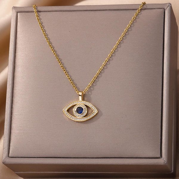 Collar Ojo Turco Azul ZircóN Para Mujer Collar De Acero Inoxidable Color Oro Colgantes Ojo Turco De La Suerte JoyeríA De Cadena Regalo Collar 45Cm Gray-image