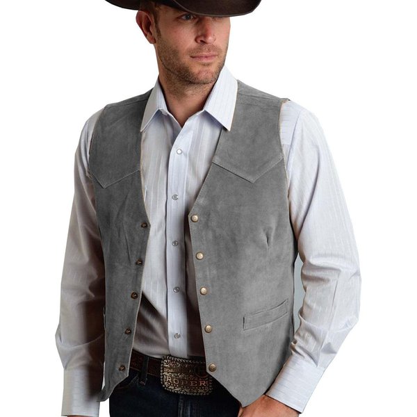 MęSka Zamszowa Kamizelka JednorzęDowa Slim Fit Casualowa Kamizelka DżInsowa Western 5 GuzikóW Modna Klasyczna Odzież L Szary-image