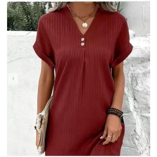 Moda Damska Lato Wiosna Jednolity Kolor Drukuj KróTki RęKaw Dekolt W KształCie Litery V Wysoka Talia Casual Sukienki Xxxl Burgund-image