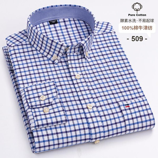 100% BawełNa Oxford Koszule MęSkie DłUgi RęKaw Krata MięKka Regularny KróJ Koszula Formalna Kieszeń Bluzka Towarzyska Odzież MęSka S-7XL 6XL-image