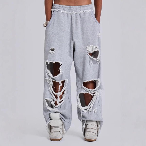 Zniszczone Szare LuźNe Spodnie Dresowe Damskie Hip-Hopowe W Stylu Grunge Z Szerokimi Nogawkami, Oversize'owe Spodnie Gyaru Streetwear M Szary-image