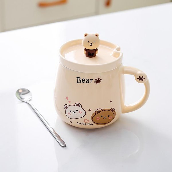 Kreatywny Kubek Ceramiczny Miś Uroczy KreskóWkowy Kubek Dla Pary Kubek Do Wody Z Pokrywką ŁYżEczką Kubek Do Kawy Kubek Do Mleka ŚNiadaniowego 301-400Ml-image