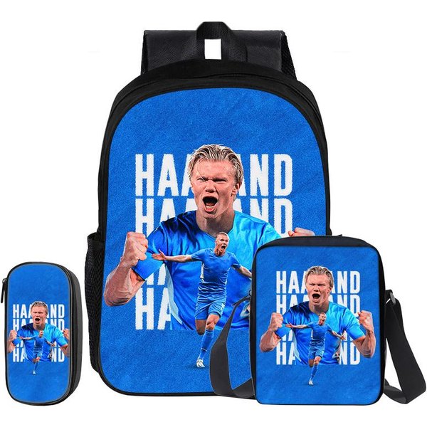Haaland Juego De 3 Piezas Mochila Bolso De Hombro Estuches Para LáPices Bolso Para Libros Mochila Estrella De FúTbol NiñO Mochila Bolso Escolar Deportivo Regalo Para NiñOs-image