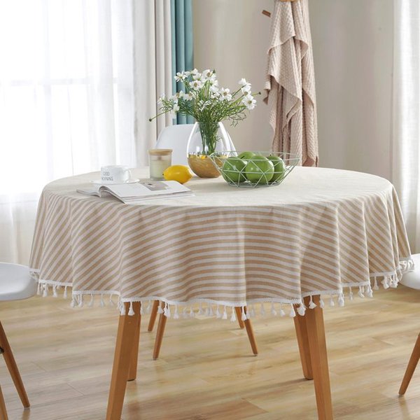 Obrus W Paski OkrąGłY GłAdki Z FręDzlami Obrus Na Stół BawełNiany Lniany Pokrowiec RęCznik Obrus Tafelkleed Mantel Mesa Diameter 60Cm-image