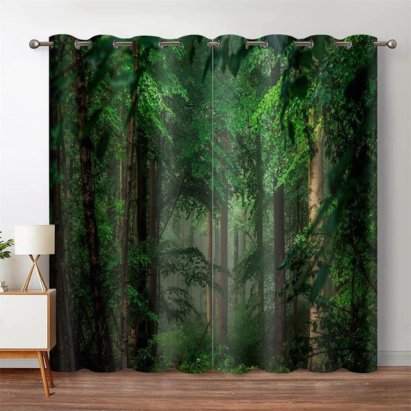 Cortina Blackout 3D Bosque ÁRbol Selva Escenario Natural Cortina De Ventana Sala De Estar Dormitorio Cascada Apertura Bipartita Izquierda Y Derecha 175W220H(Cm)68X84In&Hook-image