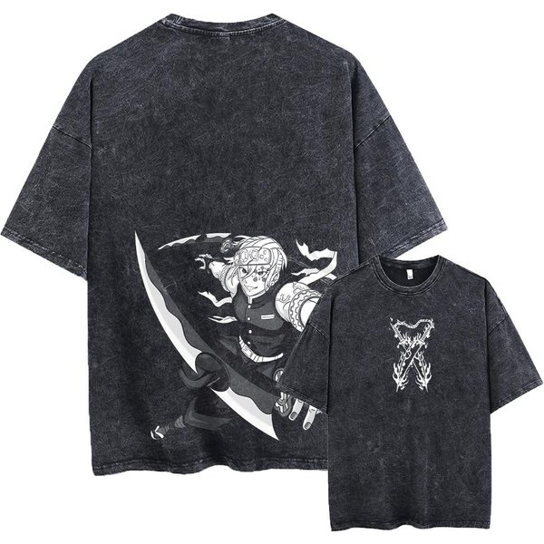 Camiseta Estampada Lavada Anime Demon Slayer AlgodóN Hombre Camiseta Lavada Vintage Camiseta GráFica Camisetas Ropa Streetwear S Gray-image
