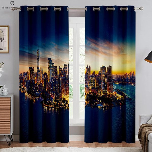 Vista Nocturna De ConstruccióN De Ciudad Costera Cortinas Impresas En 3D Sala De Estar Cocina Dormitorio Cortinas Decorativas FáCiles De Lavar Y Cuidar 2 Piezas W50Xh130(Cm)X2Pcs&Grommet Top-image