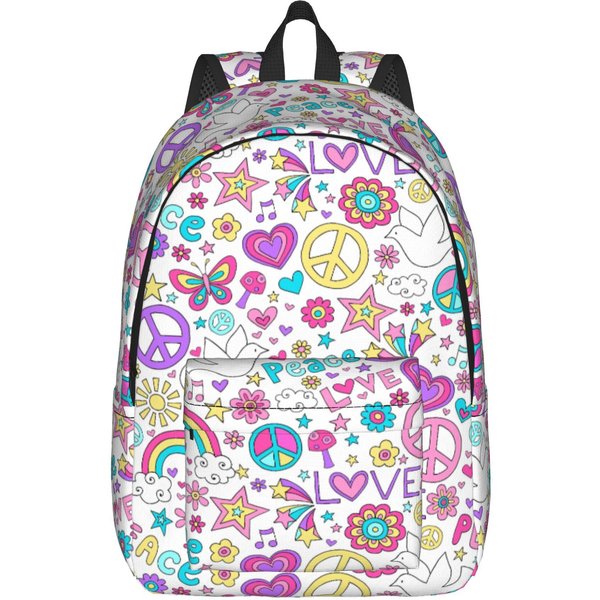 Mochila Con PatróN Floral De Paz Y Amor Para Hombres Mujeres Adolescentes Escuela Secundaria Senderismo Viajes Mochila Diaria Bolso De Hombro Para PortáTil Deportes S-image