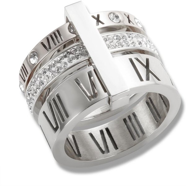 Anillo De Tres Capas Con NúMeros Romanos Para Mujer Lujo Acero Inoxidable Giratorio Cristal Anillos De Dedo Femenino Boda JoyeríA Moderna 10 Gray-image
