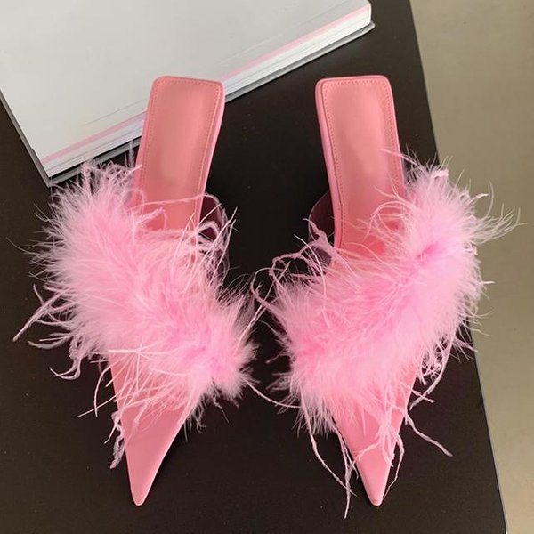 Liyke Fashion - Zapatillas De TacóN Bajo Y Fino Para Mujer, Zapatos Transparentes De Pvc, Sandalias De Verano Con Plumas Mullidas Moradas 36-image
