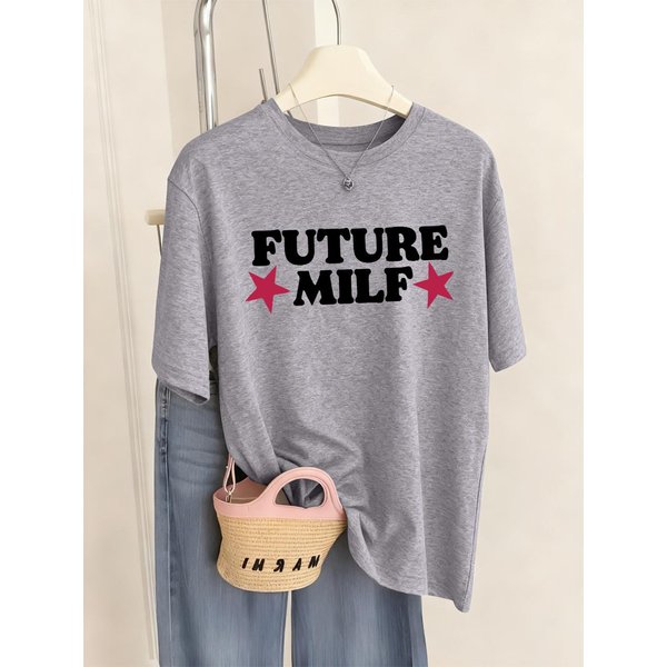 Camiseta Con Estampado De Letras Future Milf Para Mujer, Camisetas Suaves Casuales, Tops Holgados De Manga Corta Con Cuello Redondo, Ropa De Verano CóModa Para Mujer XL Gray-image