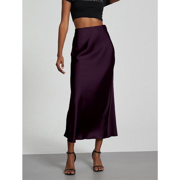 Moda SatéN Fiesta Falda Larga Cintura Alta Color SóLido Casual BáSica Faldas Mujer Falda Cola De Pez Chic Verano Ropa Mujer S PúRpura-image