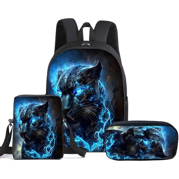 Mochila De Leopardo De 3 Piezas/Set Con Bolsos Cruzados, Estuche, Bolso Escolar Para NiñO/NiñA El Mejor Regalo Bolsos Escolares Planos De Dibujos Animados 2D Para Estudiantes Black-image