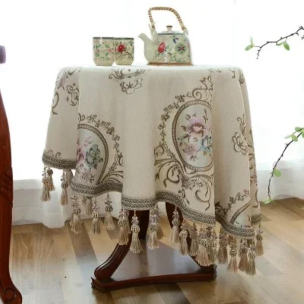 Mantel De Mesa Con Bordado De Borlas De Alta Calidad Jacquard TeñIdo En Hilo Chenilla Europeo Mantel Redondo CláSico Para Mesa De Centro Round Diameter 160Cm-image
