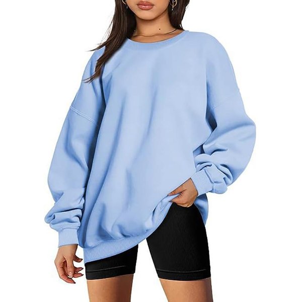 Sudadera De PulóVer De Cuello Redondo Para Mujer Y Hombre Color SóLido Oversized Suelta Casual Sudadera De Felpa 3XL Azul Claro-image