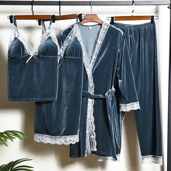 Pijama Nuevo De Terciopelo Para Mujer Set De Cuatro Piezas OtoñO Invierno Ropa De Dormir Bata CamisóN Sexy Con Ribete De Encaje LenceríA Ropa De Noche Holgada Para Estar En Casa 2XL Gray-image