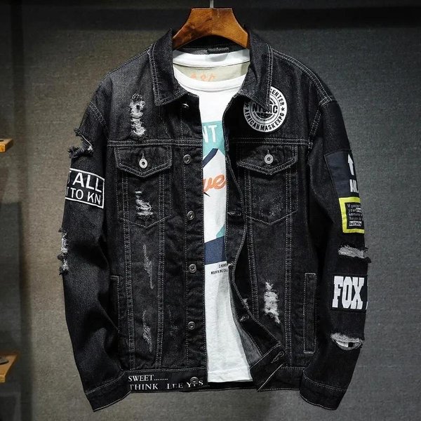 MęSka Podarta Kurtka Jeansowa Z Naszywkami Streetwear Postarzana BawełNiana Kurtka Haftowana Patchworkowa Odzież Wierzchnia Xxxl Czarny-image