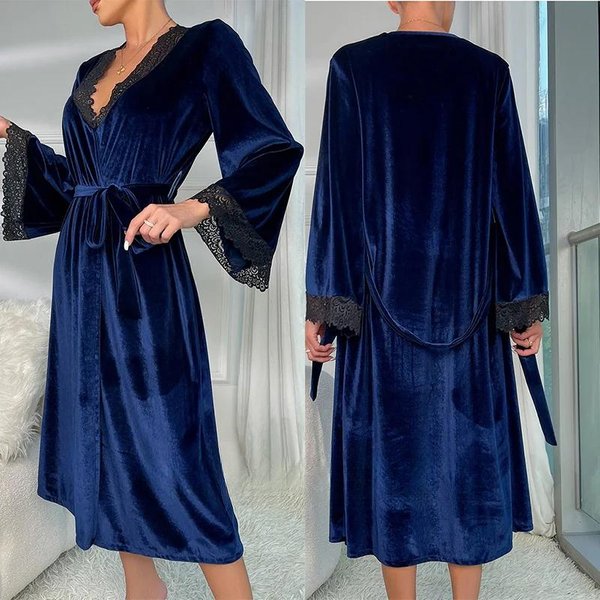 Bata Larga De Terciopelo Con Cordones Sexy Ropa De Dormir Para Mujer Kimono BorgoñA Albornoz Bata LenceríA ÍNtima OtoñO Nuevo Ropa Para El Hogar L Black-image