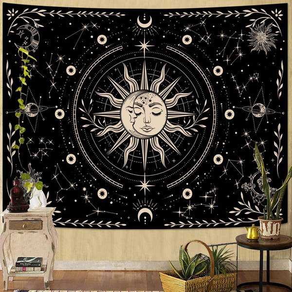 Boho Gobelin SłOńCe I KsiężYc, Kolorowy NiebiańSki GwieźDzisty Niebo Mandala Nadruk Dekoracja ŚCienna Do Sypialni Salonu Pokoju Akademickiego 70X100Cm-image