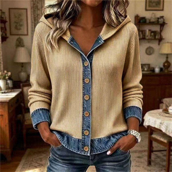 Top De Punto Con Capucha Para Mujer, CáRdigan Vaquero Con Botones, Manga Larga, Patchwork, Casual, Holgado, Chaqueta Con Capucha Xxxl Beige-image