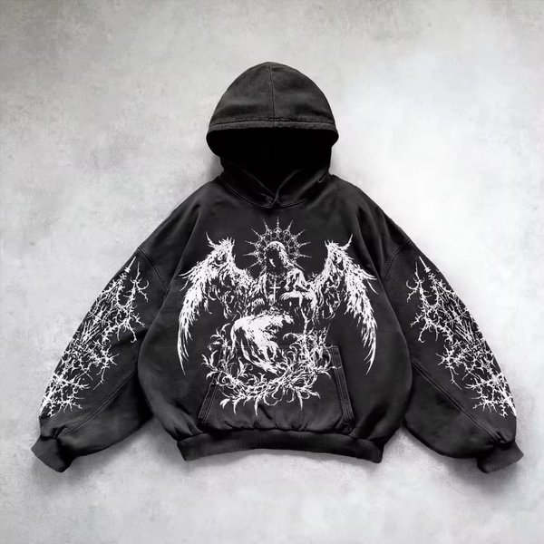 Bluza Z Kapturem Hip Hop Z Nadrukiem Graficznym Retro Gothic Dla MężCzyzn Y2K Grunge Punk Casual LuźNy Pulower Kobiety Streetwear Bluza Z Kapturem XL Black-image