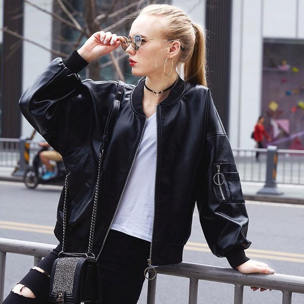 Chaqueta De Cuero Para Mujer OtoñO Nuevo Estilo Holgada Casual Uniforme De BéIsbol Chaqueta De Cuero PU Estilo Coreano Estudiante Guapo XL Negro-image
