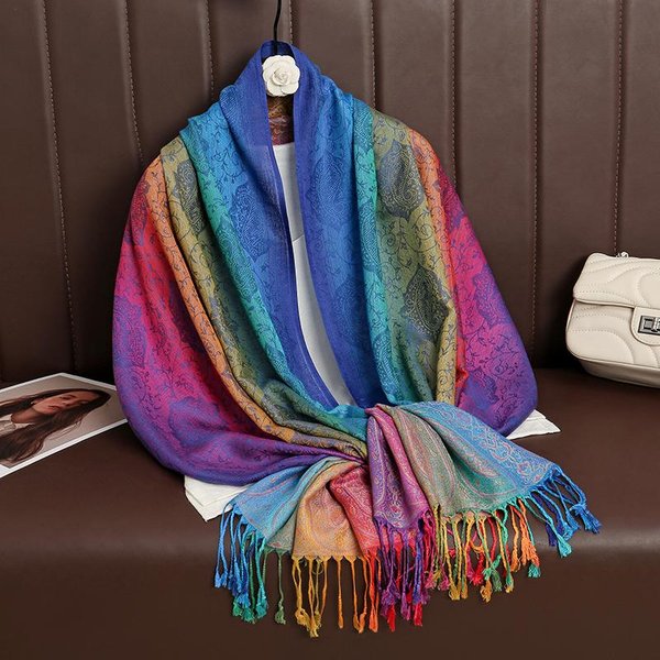 Kolory TęCzy Zimowy CiepłY Gruby Etniczny Styl ŻAkardowy Szalik Damski PodróżNy MuzułMańSki HidżAb Kaszmirowy FręDzle Szal Owijka Pashima 70X190Cm-image