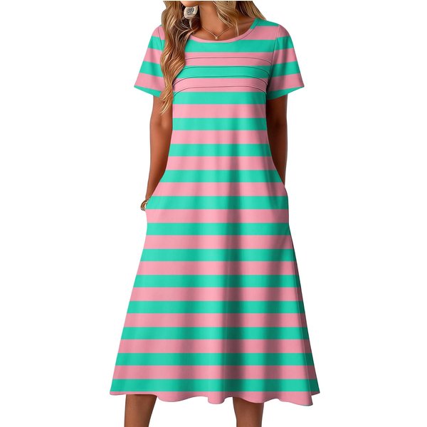 Vestido Casual Y Moderno De Manga Corta Con Cuello Redondo Y Estampado A Rayas Para Mujer S Color Rosa-image