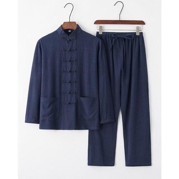 AlgodóN Lino Hanfu Hombre Top Chino PantalóN Ropa Kung Fu Blusa Fiesta Traje Tang Masculino Ropa Tradicional China Para Hombre 4XL Azul Marino-image