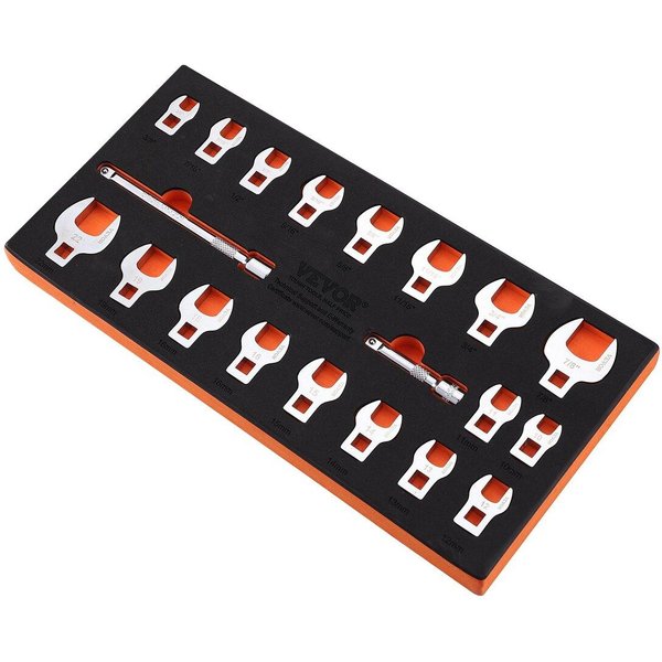 Juego De Llaves De Pata De Gallo, Accionamiento De 3/8 , Juego De 20 Piezas De Llaves De Pata De Gallo Con 2 Extensiones Y Organizador De Herramientas Eva, SAE 3/8 -7/8 Y MéTrico 10-22 Mm, 40CR-image