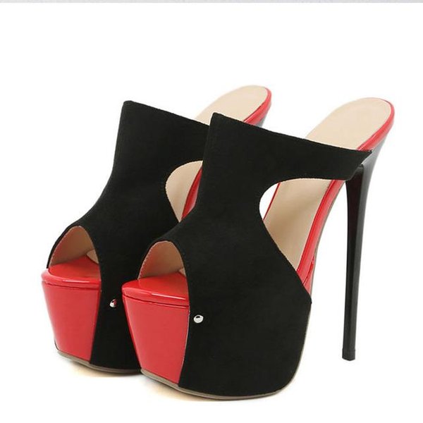 Letnie Peep Toe Ekstremalne Wysokie Obcasy Kapcie Dla Kobiet Nitowane SandałY Na Platformie Party Buty Do TańCa Na Rurze CzółEnka 42 Black-image