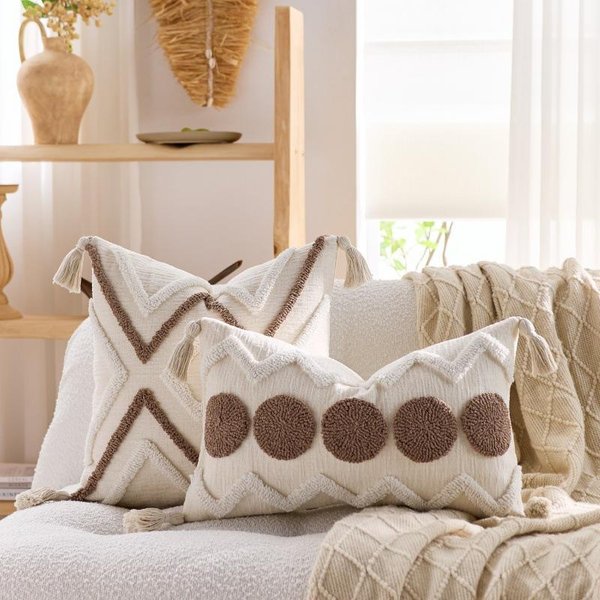 Fundas De CojíN Tufted De Chenilla Suave Estilo Boho Farmhouse Con Borlas Para DecoracióN De Hogar Sala De Estar Cama Sofá 30X50Cm-image