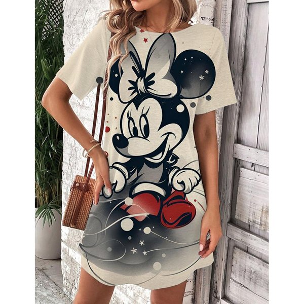 Damska Sukienka OkrąGłY Dekolt KróTki RęKaw Seksowna Z Nadrukiem Myszki Miki Disney L-image