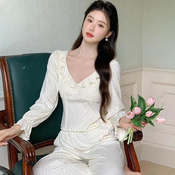 Pijama Estilo FrancéS Para Mujer PantalóN De Manga Larga Dulce Estilo Princesa Traje De AlgodóN Pijama De OtoñO Ropa De Casa Conjunto XL Blanco-image
