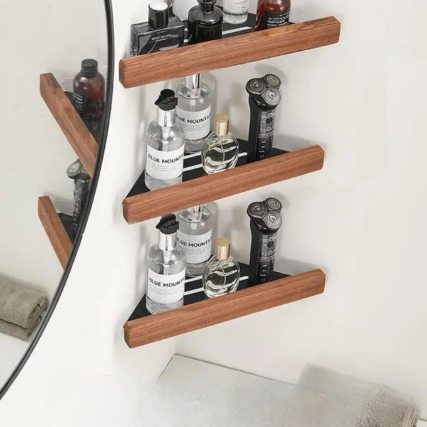 Estante Esquinero De Madera Maciza Sin Perforaciones Para BañO Estante De Madera Maciza Para Inodoro Almacenamiento Para BañO Organizador De Ducha-image