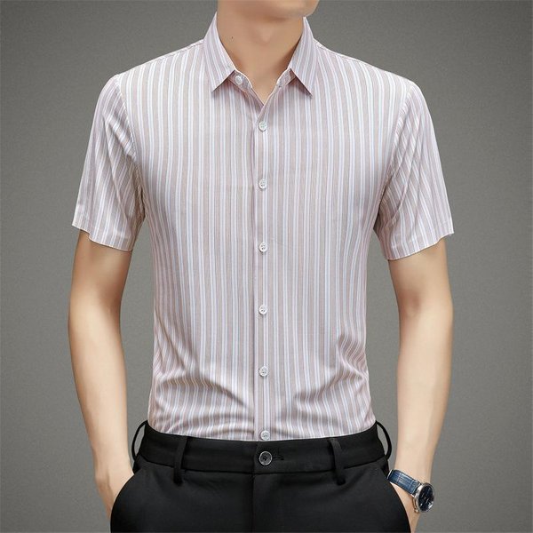 Camisa De Verano Nueva De Rayas, Ajustada, De Manga Corta Y Solapa Para Hombres JóVenes Y De Mediana Edad, Camisa Fina De Negocios 3XL White-image