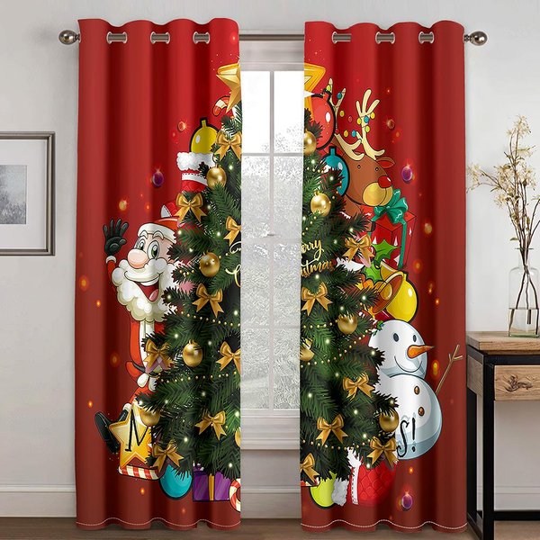 Cortinas De Ventana Rojas Y Verdes Con Dibujos De Papá Noel, Feliz Navidad, Para NiñOs, Dormitorio, Sala De Estar, BañO, Puerta, SalóN, DecoracióN Del Hogar W50 X H130(Cm)X2&Grommet Top-image