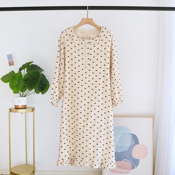 Vestido Largo De Primavera Y OtoñO Para SeñOras 100% AlgodóN Crepé CamisóN CamisóN Falda De Manga Larga Fina Casual Para Casa Pijama L Beige-image